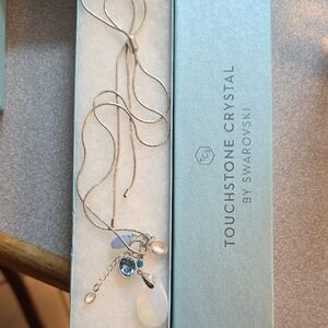 Touchstone Crystal Silver Necklace with Blue and White Gems ' Adjustable Length